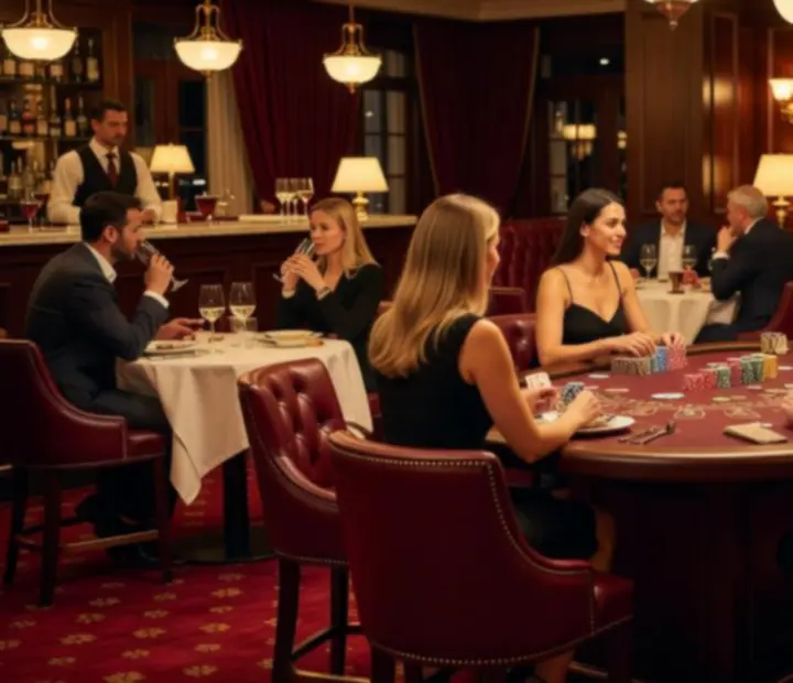 Meleg esti fényekkel megvilágított blackjack asztal burgundi bárszékekkel és kaszinói éttermi hangulattal