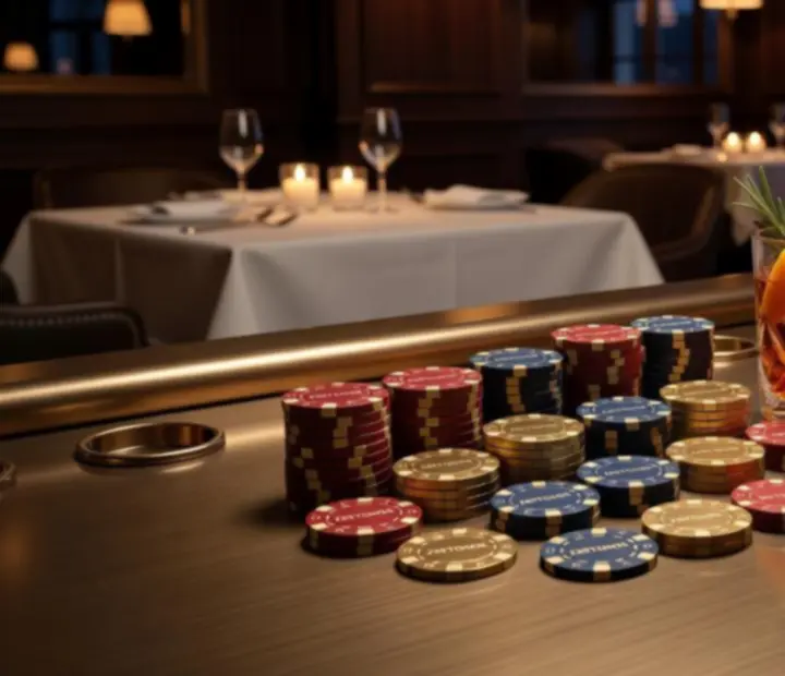 Prémium kaszinó zsetonok és kézműves koktélok egy blackjack asztalon