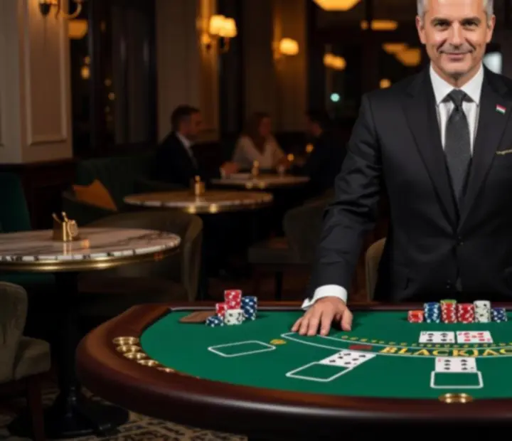 Elegáns öltözetű krupié blackjack asztalnál, mosolygó kiszolgálással