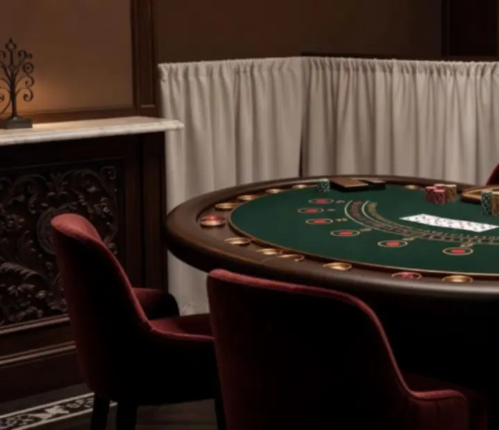 Elegáns blackjack asztal meleg, esti kaszinói éttermi környezetben