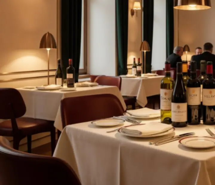 Elegáns borsarok a Dinner Corneer kaszinói étteremben, borfal és megterített asztalok