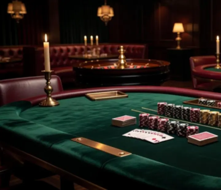 Kaszinói asztali játékok: pókerasztalok, rulettasztal és blackjack asztal elegáns térben