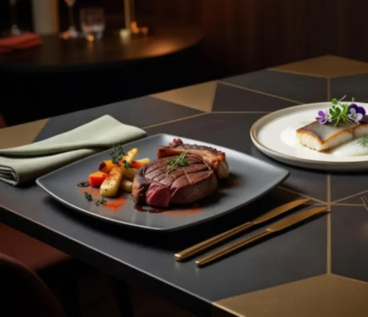 Séf által készített steak és desszert elegáns tálalásban