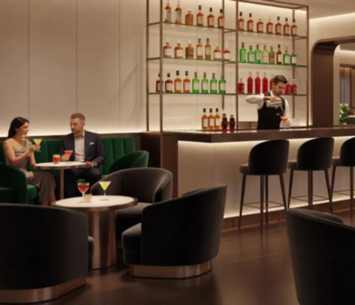 Elegáns koktél-lounge belső tér plüss ülőgarnitúrákkal a Dinner Corneer kaszinói étteremben