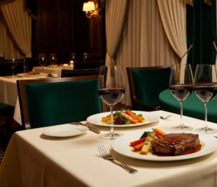 Fine dining fogások és borok egy elegáns blackjack asztal mellett, kaszinói éttermi környezetben