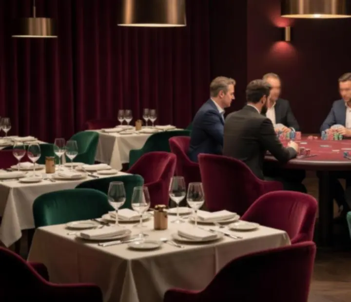 Elegáns pókerasztal fine dining kaszinói éttermi környezetben