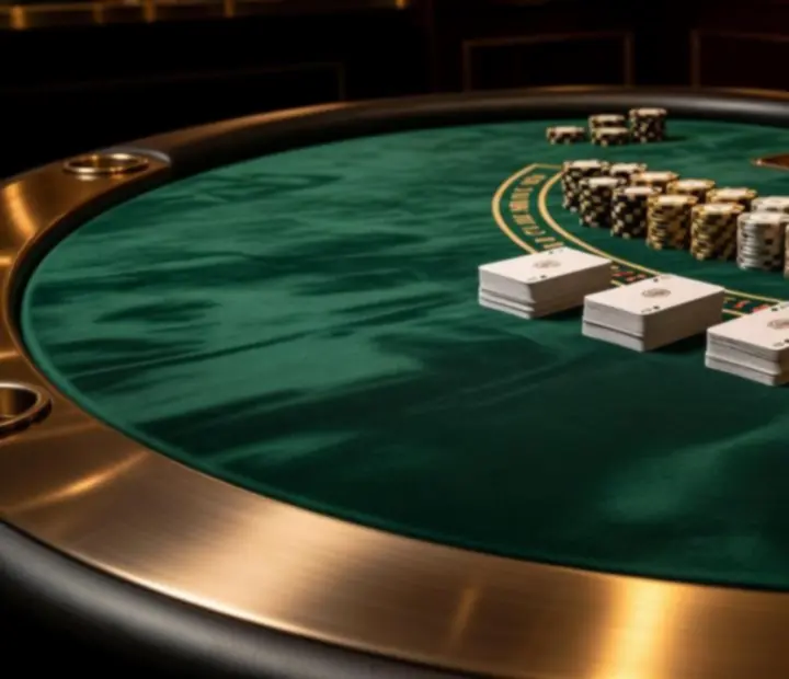 Luxus blackjack asztal közelről, prémium kártyalapokkal és részletgazdag posztóval
