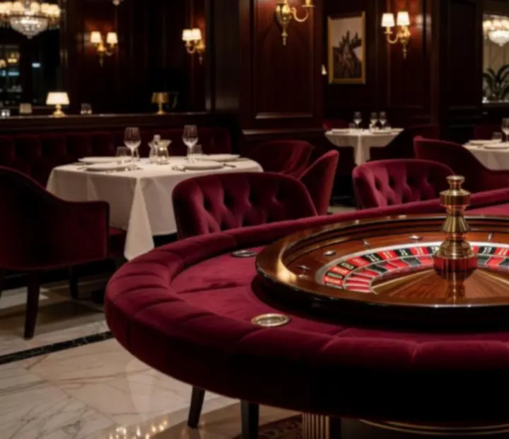 Elegáns rulettasztal kaszinói lounge környezetben
